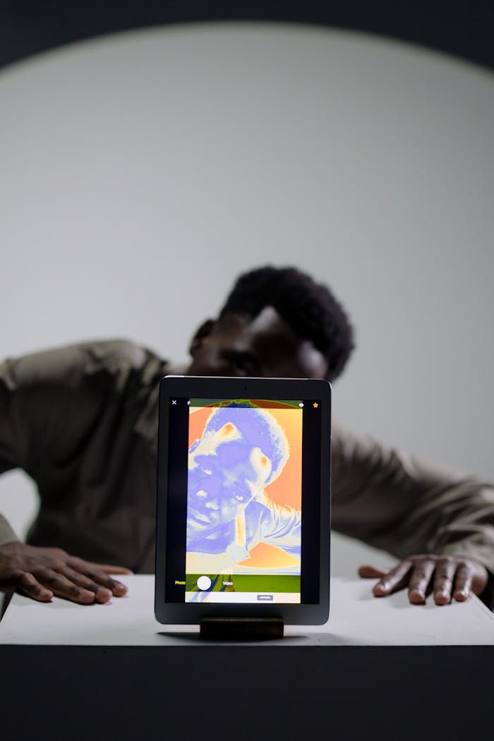 Person poses behind a tablet displaying a digitally edited portrait in artistic style.